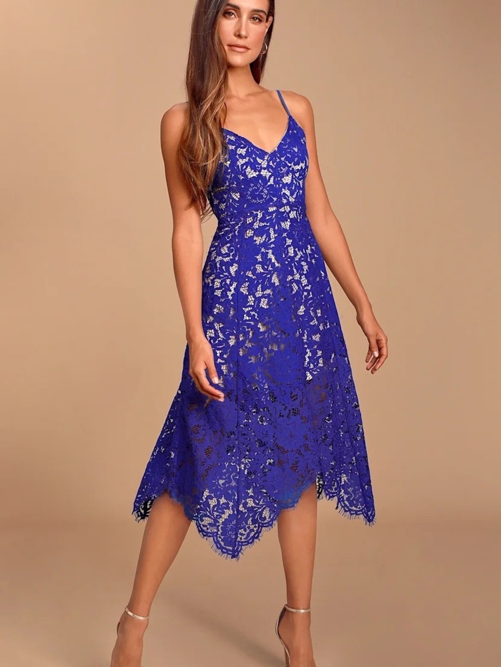 NWT Lulu's One Wish Blue Lace Midi Dress Size L Asymmetrical Handkerchief Hem